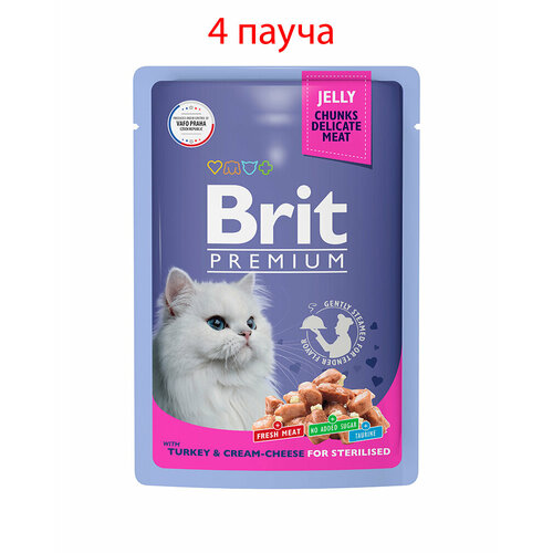 корм влажный brit premium для взрослых кошек ягненок в желе 85 г Пауч Brit Premium для взрослых стерилизованных кошек индейка с сыром в желе 85гр, 4шт
