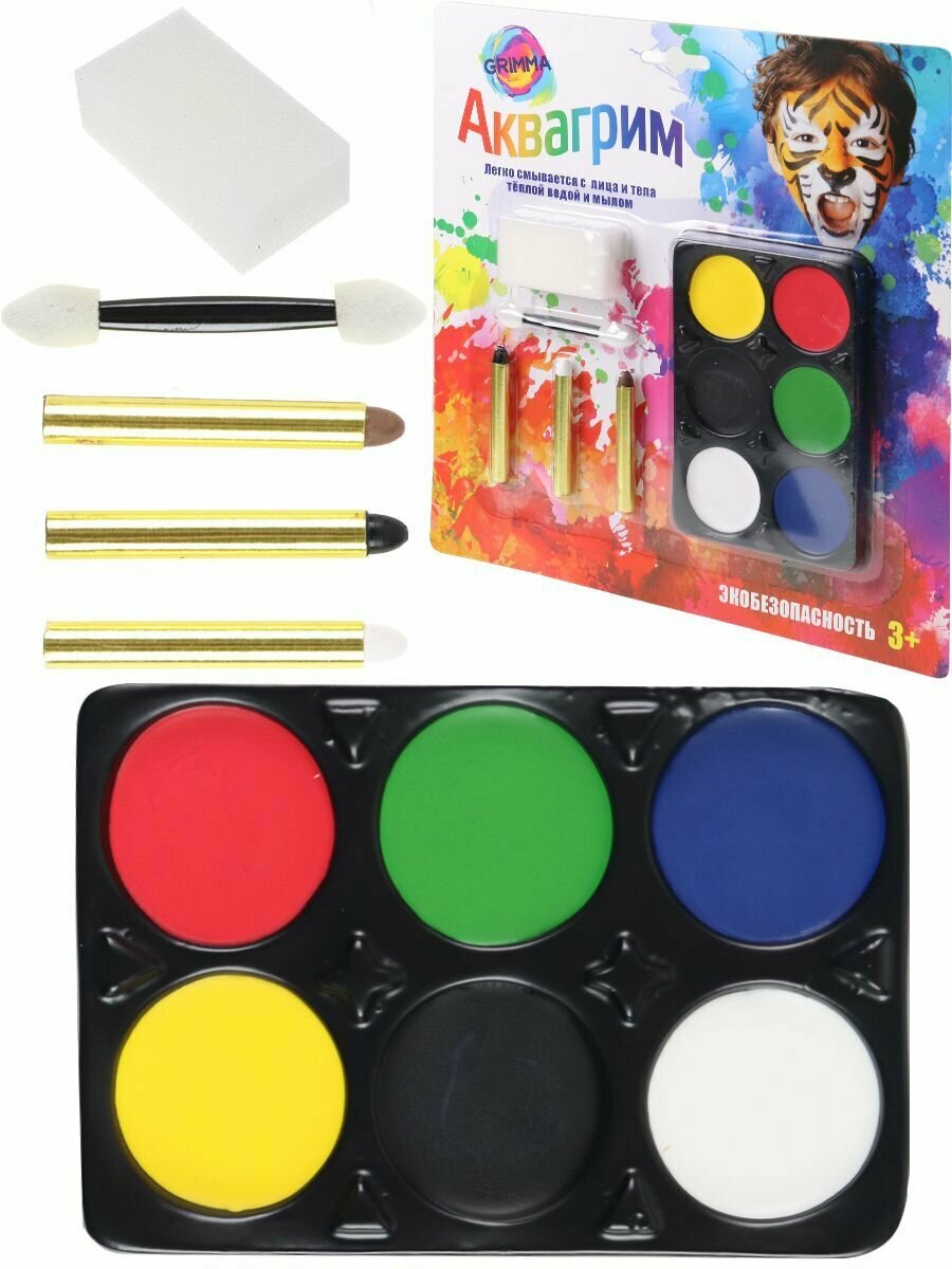 Набор аквагрима для детей набор 6 цветов 3 карандаша спонж, апликтор