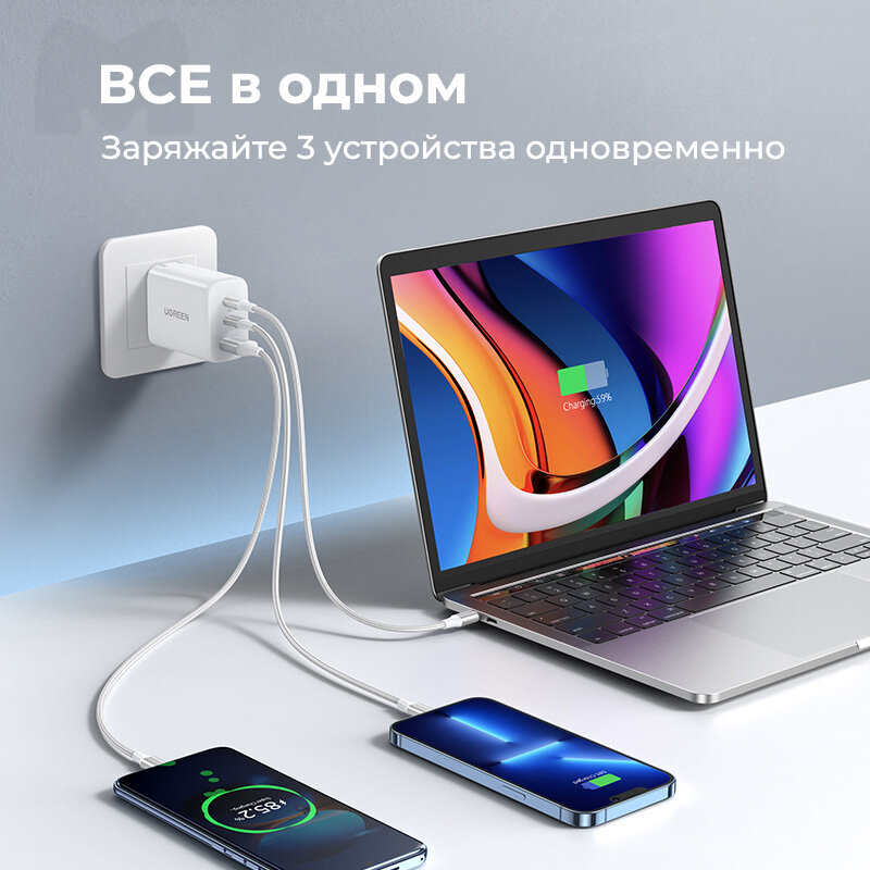 Сетевое зарядное устройство 65Вт UGREEN CD275 / 1xUSB-A, 2хUSB-C / Быстрая зарядка PD 3.0 + QC 4.0+ / цвет белый (90496) — фото 1