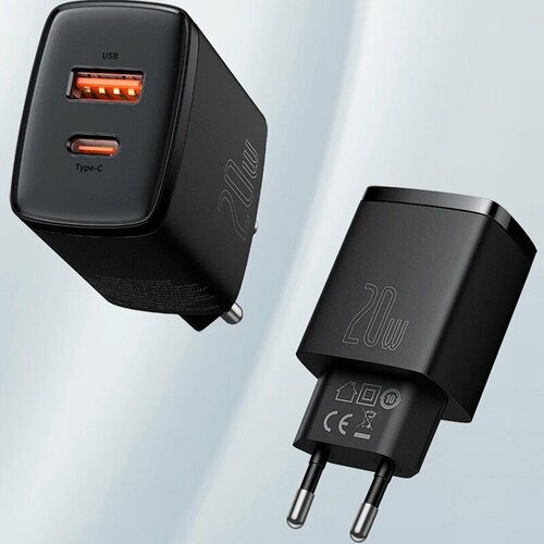 Сетевая зарядка Baseus Compact, PD3.0 QC 3.0, Type-C+USB-A, 20W, черный сетевая зарядка baseus compact quick charger ccxj b01 usb type c 5 12v 3a черный
