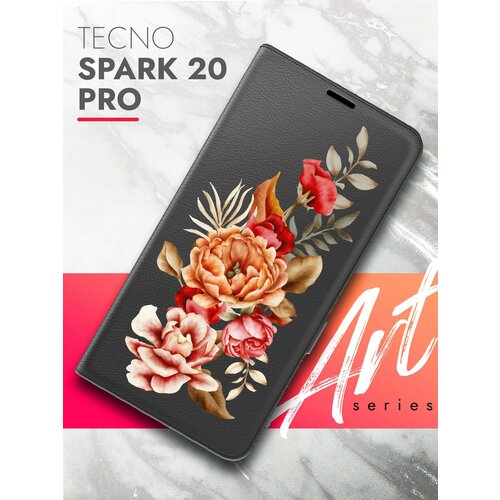 Чехол на Tecno Spark 20 Pro (Техно Спарк 20 Про) черный книжка эко-кожа подставка отделение для карт магнит Book case, Brozo (принт) Ржавый Пион чехол на tecno spark 20 pro техно спарк 20 про черный книжка эко кожа подставка отделение для карт магнит book case brozo принт женские штучки