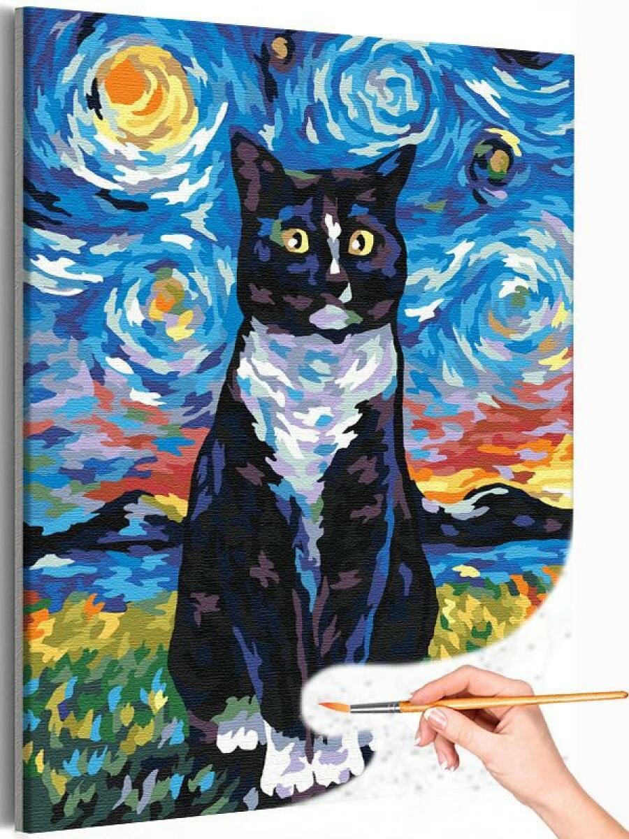 Кот и небо Ван Гога, животные Раскраска картина по номерам на холсте с неоновой краской 40х50
