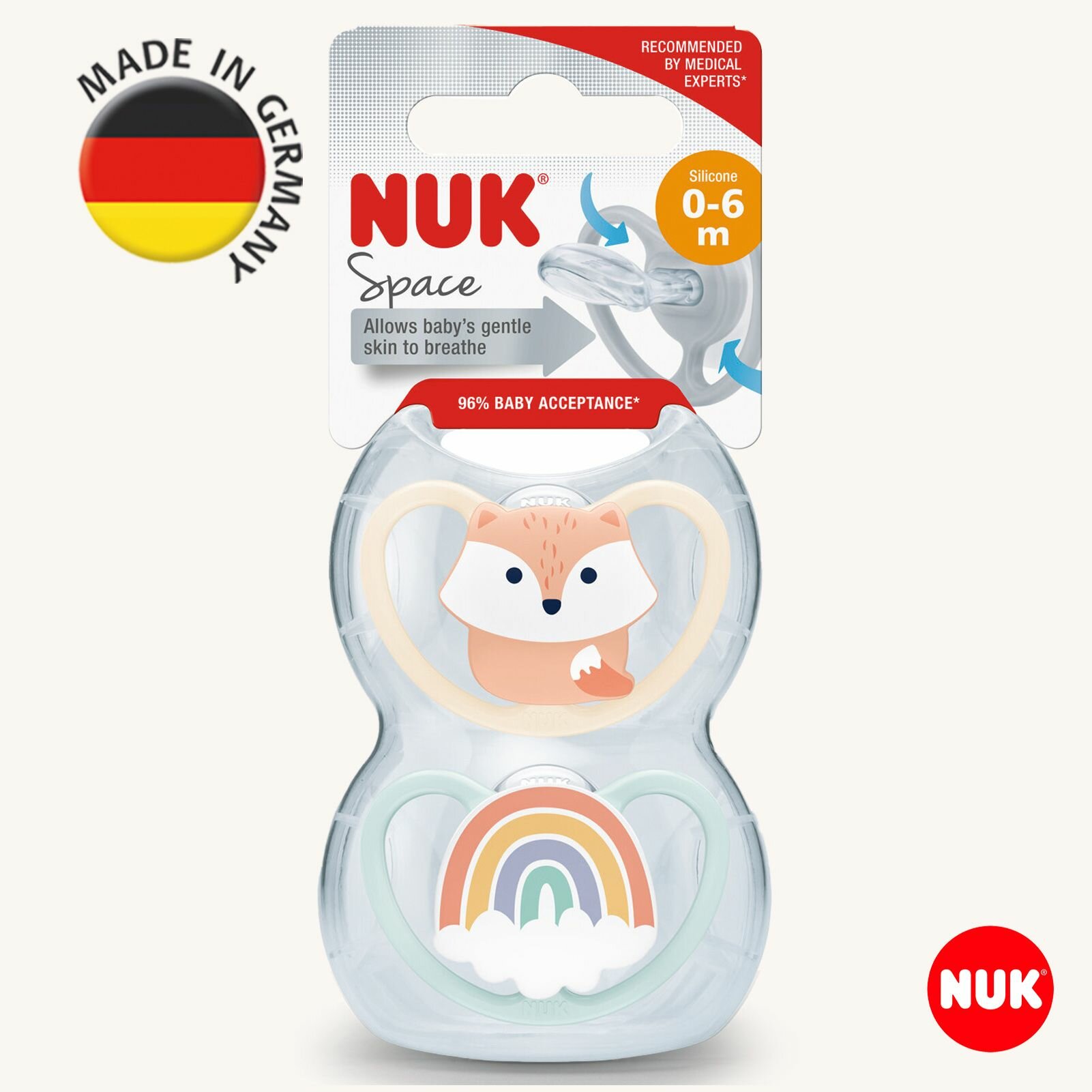 NUK SPACE Соска пустышка силиконовая 0-6 месяцев 2 шт. в контейнере