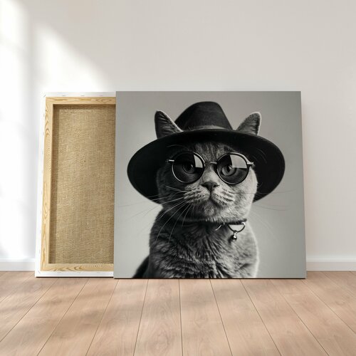 Интерьерная картина на натуральном холсте - Кот в шляпе и очках, 50 х 50 см.