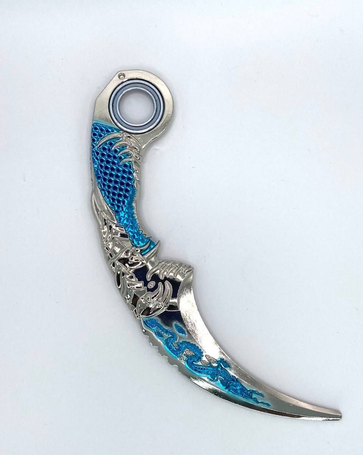 Игрушечный нож Керамбит металлический с подшипником (тренировочный, серебристый/голубой)