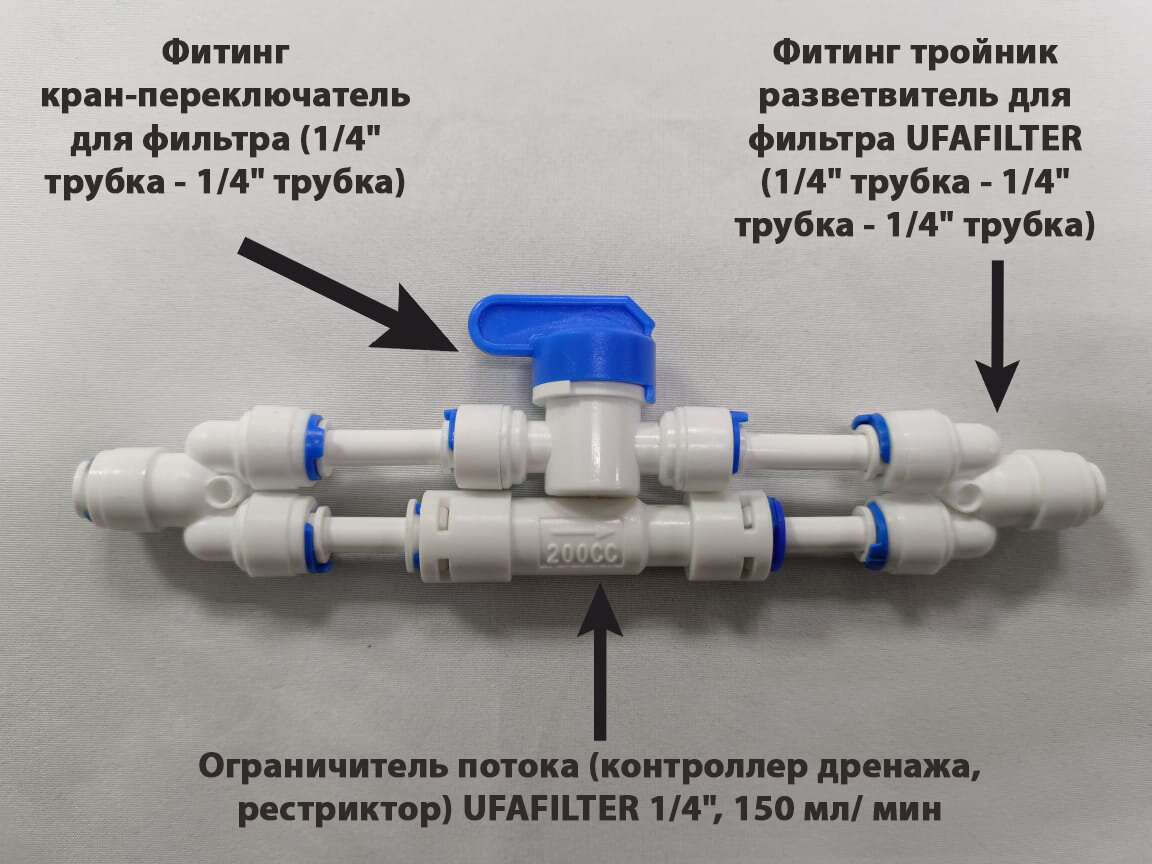 фото Ограничитель потока 200 мл/мин (контроллер дренажа, рестриктор) для фильтра обратного осмоса UFAFILTER 1/4" с ручной промывкой мембраны