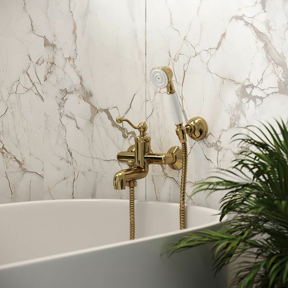 Смеситель для ванны Paini Duomo с душевым комплектом (лейка, крепеж, шланг), золото