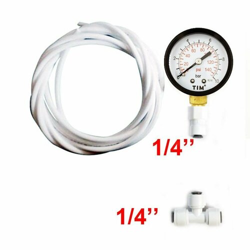 Манометр радиальный 0-10 бар для фильтра воды с фитингами и трубкой 1/4