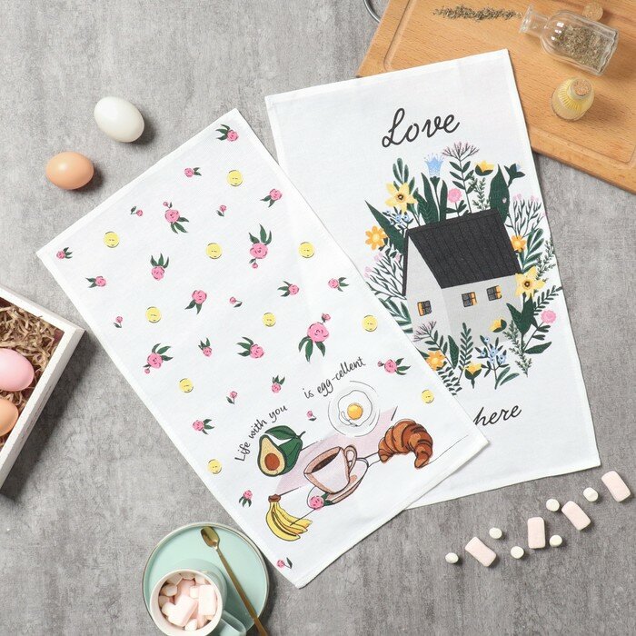 фото Набор кух. полотенец Доляна "Love" 2 шт, 28х46 см, рогожка, 100% хл, 160г/м2