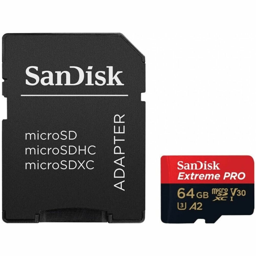 Карта памяти Micro SecureDigital 64Gb SanDisk Extreme Pro microSDHC class 10 UHS-1 U3 V30 A2 (SDSQXCU-064-GN6MA) + адаптер