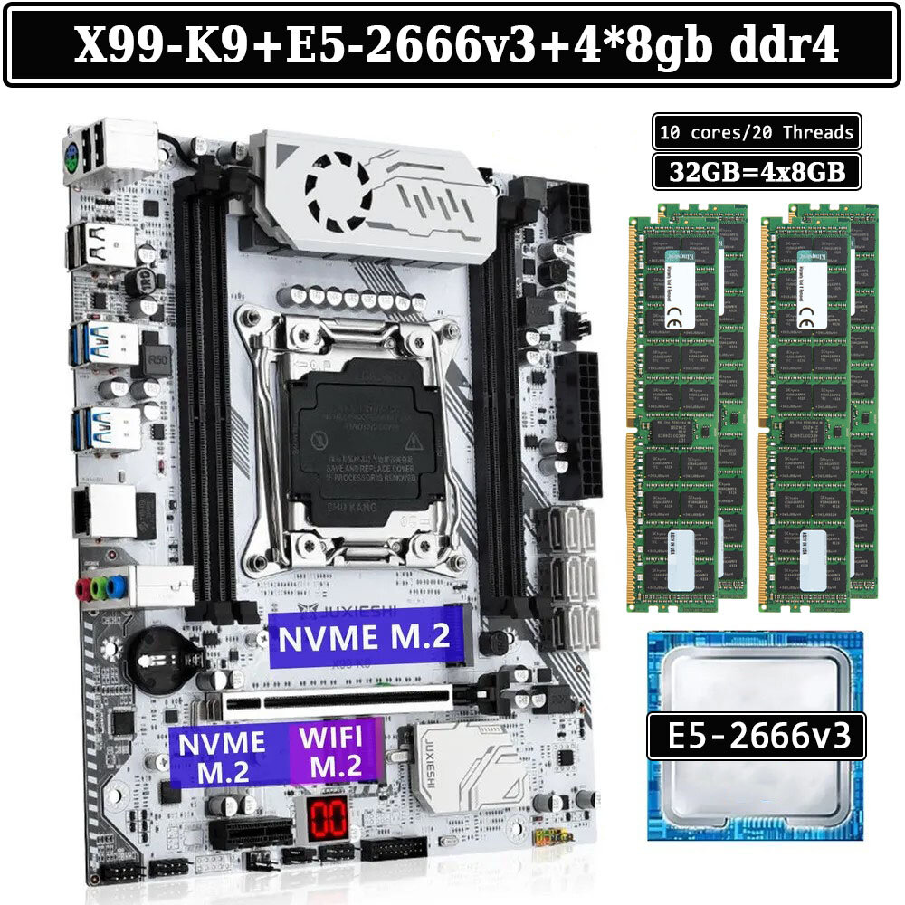 Комплект материнская плата Juxieshi X99-K9 + Xeon 2666V3 + 32GB DDR4 4x8gb