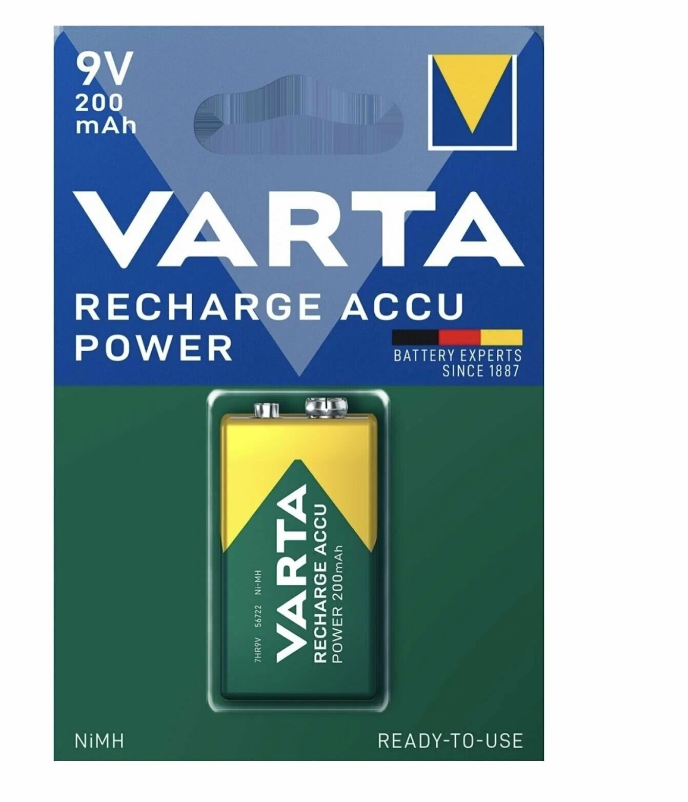 Аккумулятор Ni-Mh 200 мА·ч 9 В VARTA Recharge Accu Power 9 V 200, в упаковке: 1 шт.