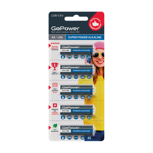 Батарейка GoPower LR6 AA BL5 Alkaline 1.5V (5/50/600) GoPower 00-00023779