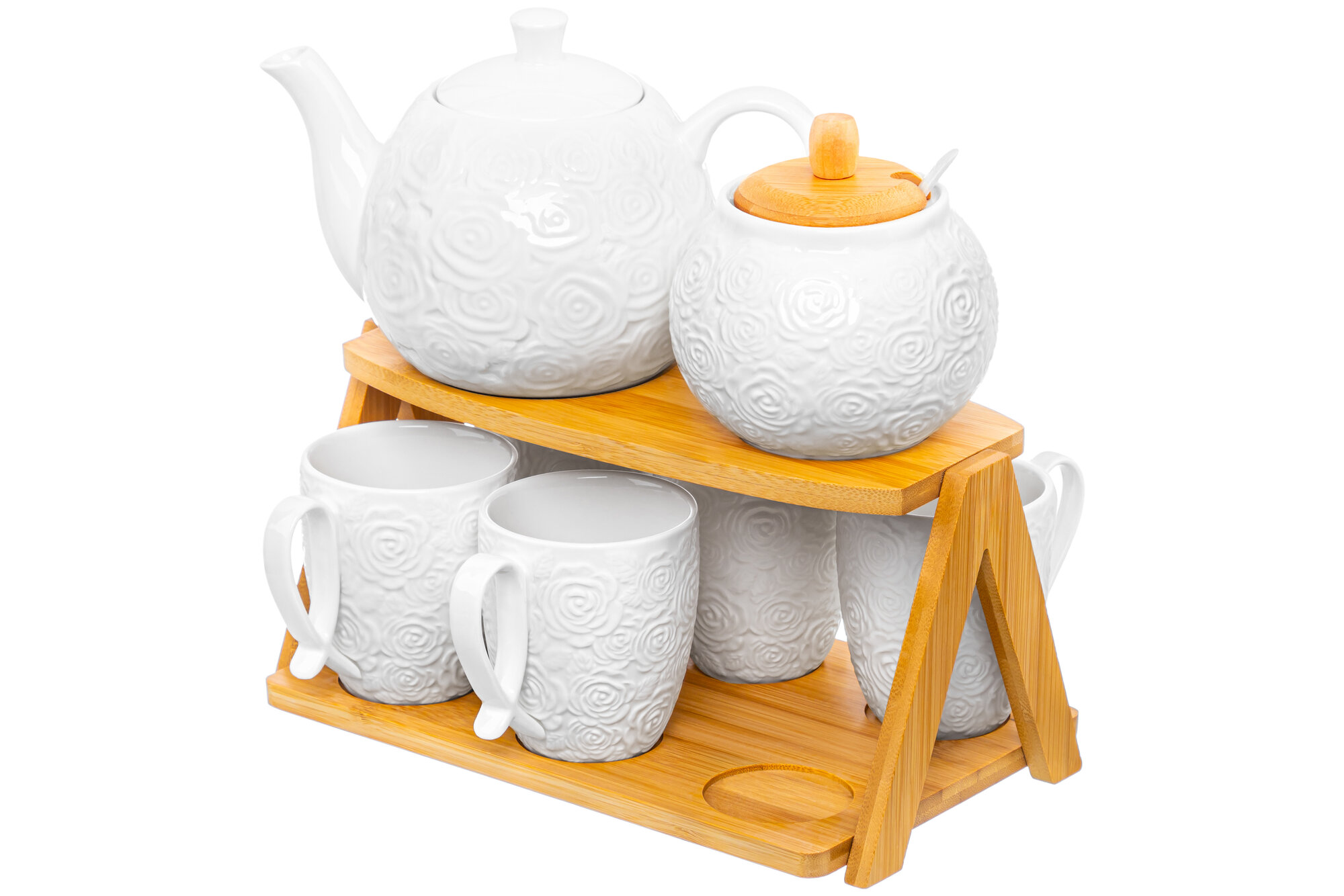 Чайный набор чайник 900 мл, сахарница 620 мл, 6 кружек по 300 мл Elan Gallery Розы, на бамбуковой подставке