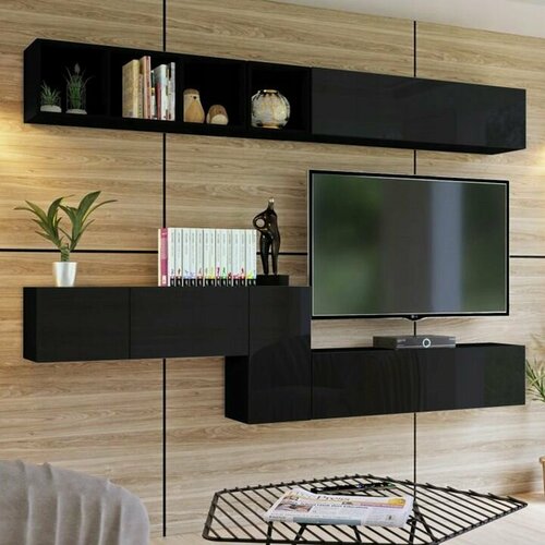 Стенка в гостиную Равенна 9 280х200х32 черный черный глянец 31615₽