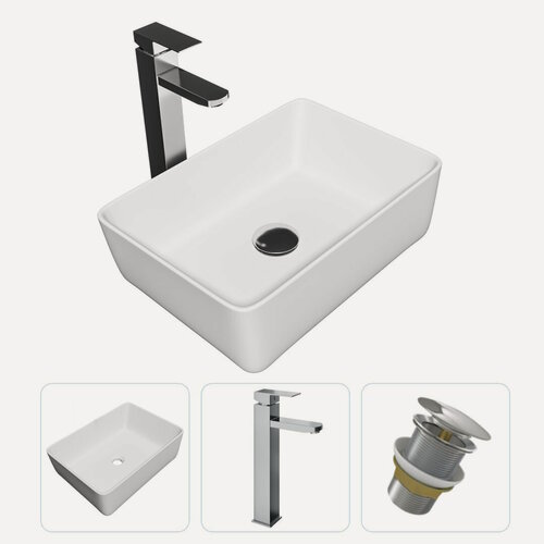 Изображение товара Раковина накладная для ванной Teymi Helmi 50 в комплекте смеситель высокий хром и донный клапан клик-клак без перелива хром F01698