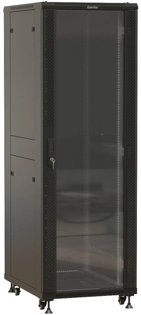 фото Шкаф серверный Hyperline (TTBR-3268-AS-RAL9004) напольный 32U 600x800мм пер. дв. перфор. задн. дв. спл. стал. лист 2 бок. пан. 1000кг черный 710мм 1610мм IP20 сталь
