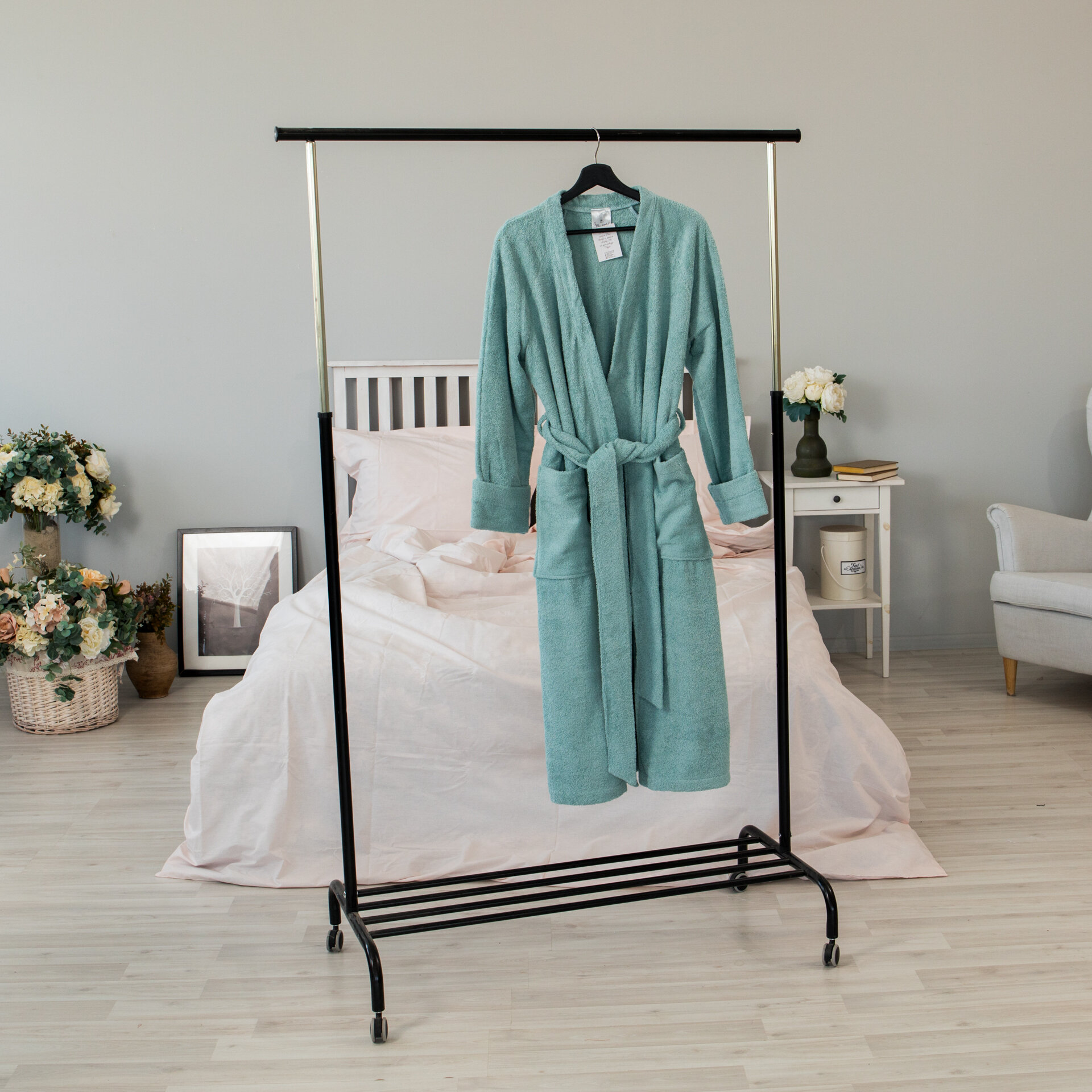 фото Халат махровый женский и мужской Упс, постель, размер 50-56, класса люкс, с накладными карманами и рукавом реглан, лазурь