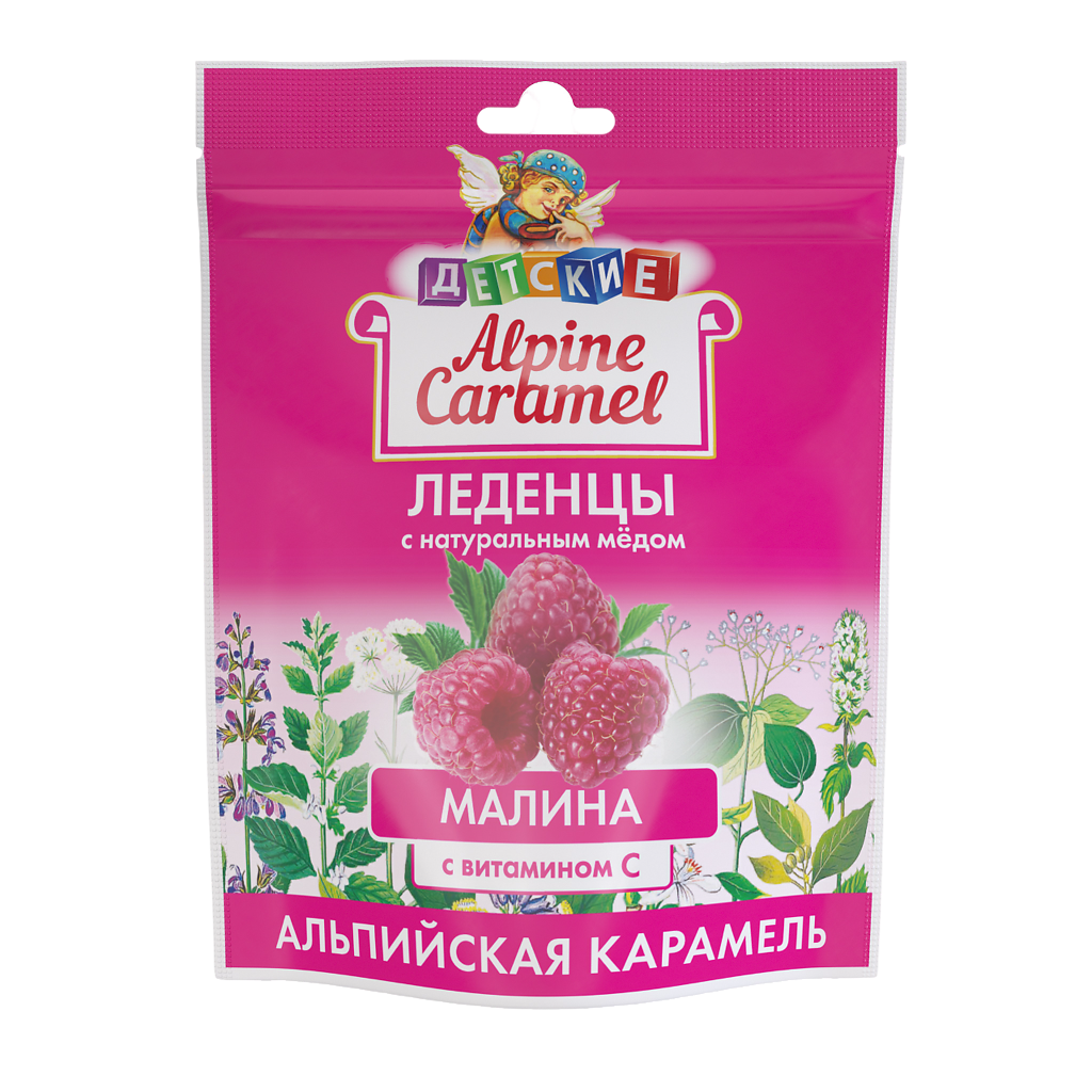 Альпийская Карамель Alpine Caramel Детские леденцы с натуральным медом и вит С массой 3,3 г Малина пакет 75 г 1 уп