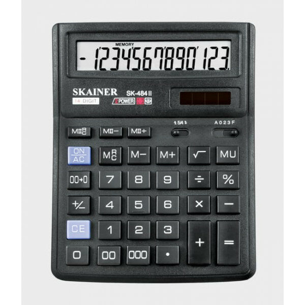 Настольный калькулятор SKAINER SK-484II (пл, 14 разрд, 2 пит, 2 пам, чер. 143 x 192 x 39.5 мм)