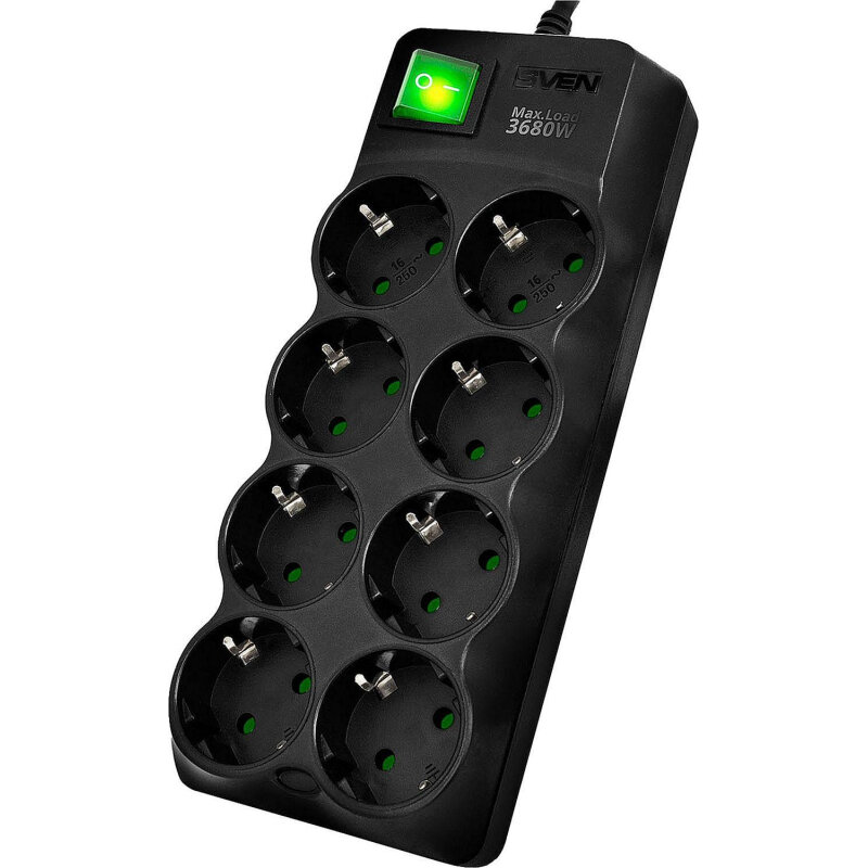 Сетевой фильтр SVEN SF-08E-16 1.8 м 8 розеток, 16А черный