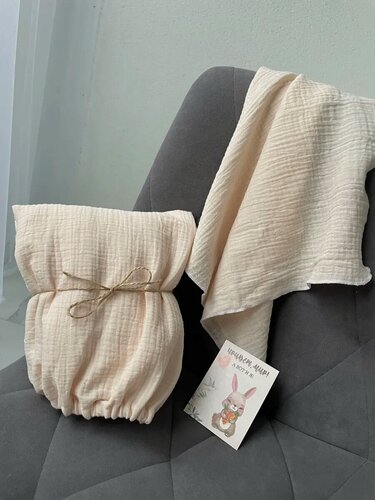 Изображение товара Муслиновая простынь овальная на резинке, платочек в подарок