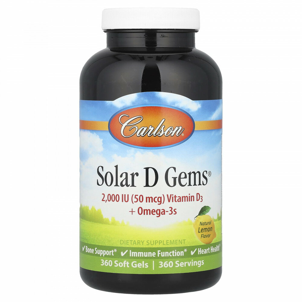 Carlson, Solar D Gems, витамин D3 + омега-3 кислоты, натуральный лимонный вкус, 2000 МЕ, 360 мягких таблеток
