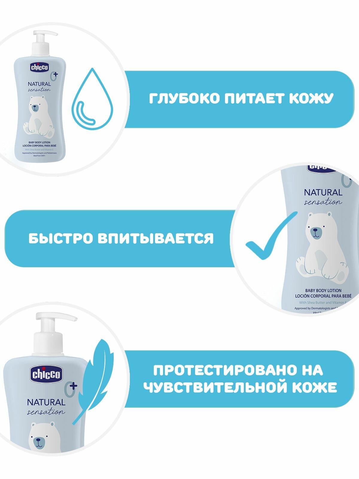 Увлажняющее детское молочко для тела Chicco Natural Sensation Лосьон для новорожденных 500 мл 0+ — фото 1
