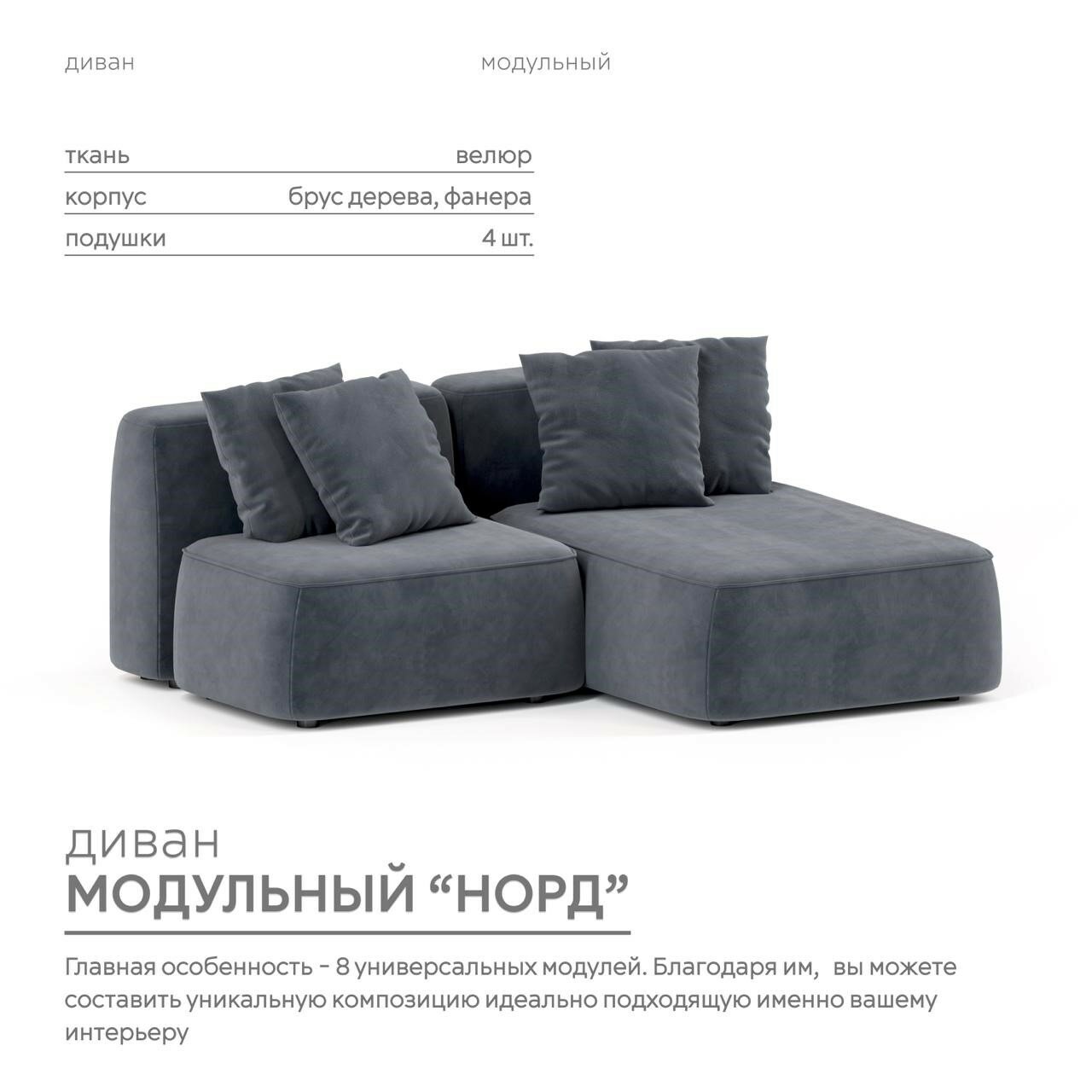 Диван Норд угловой, темно-серый, модульный, 200х160х74 см, mebelroom