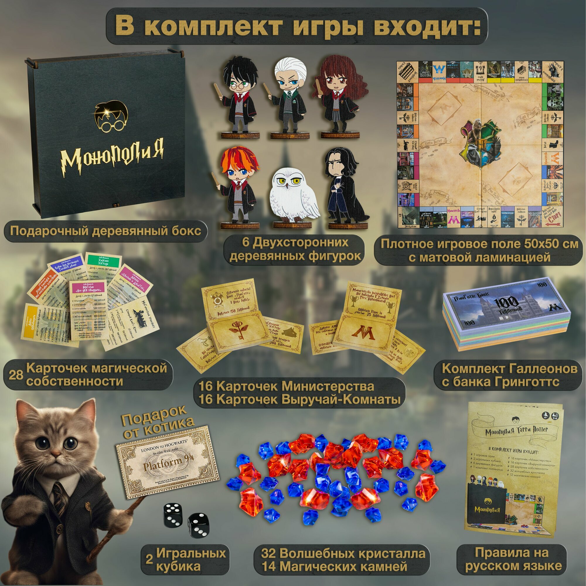 Премиальная Монополия Гарри Поттер в деревянном боксе. Лимитированное издание Монополия Harry Potter — фото 1