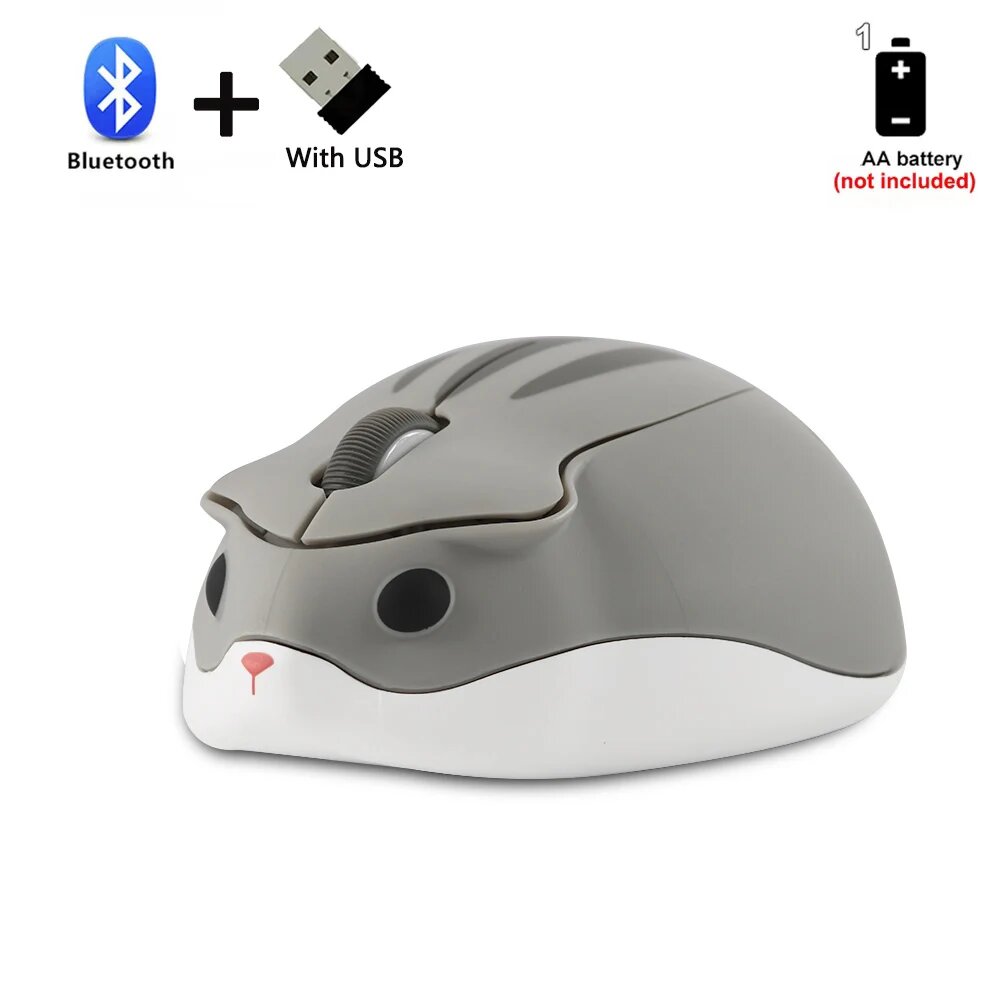 Симпатичная мультяшная Bluetooth + 2,4G мышь для хомяка, Эргономичная 3D оптическая детская Подарочная офисная домашняя компьютерная мышь для ПК и ноутбука, Dual-mode Gray
