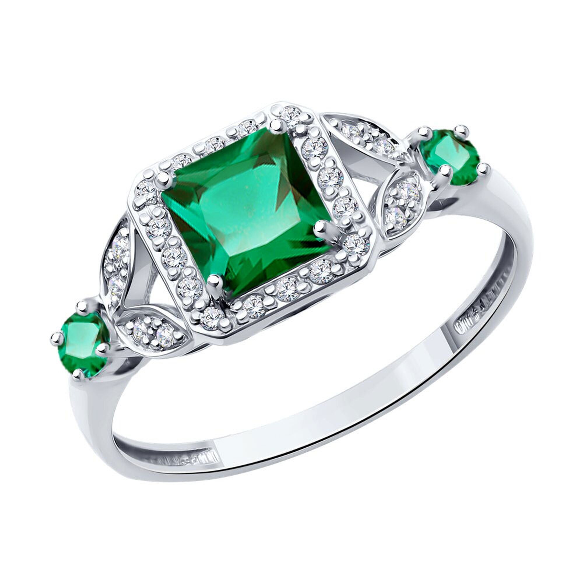 Кольцо Diamant online, белое золото, 585 проба, бриллиант, изумруд синтетический, размер 18, зелeный