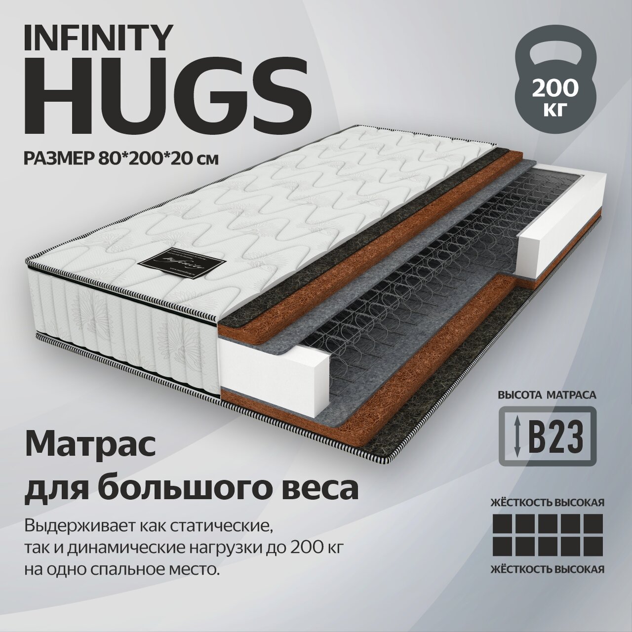 Жёсткий матрас Матрасбург INFINITY Hugs, 80х200х23 см, синергетические пружины, съёмный чехол