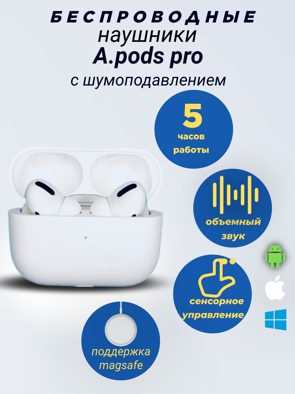 Беспроводные наушники A Pods Pro 2 c шумоподавлением для iPhone и Android