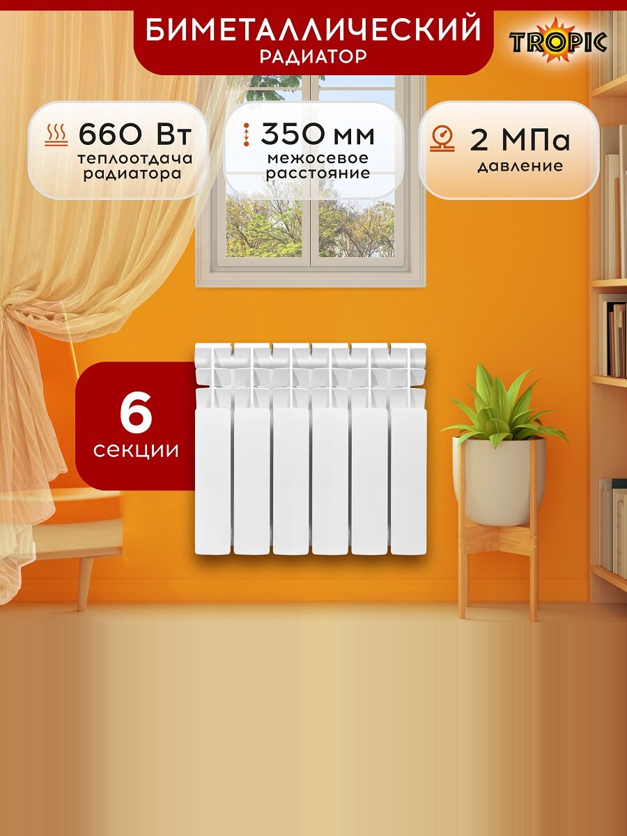 Радиатор отопления биметаллический Tropic 350x80 / 6, 6 секций, настенный, белый Арт: 7611.026