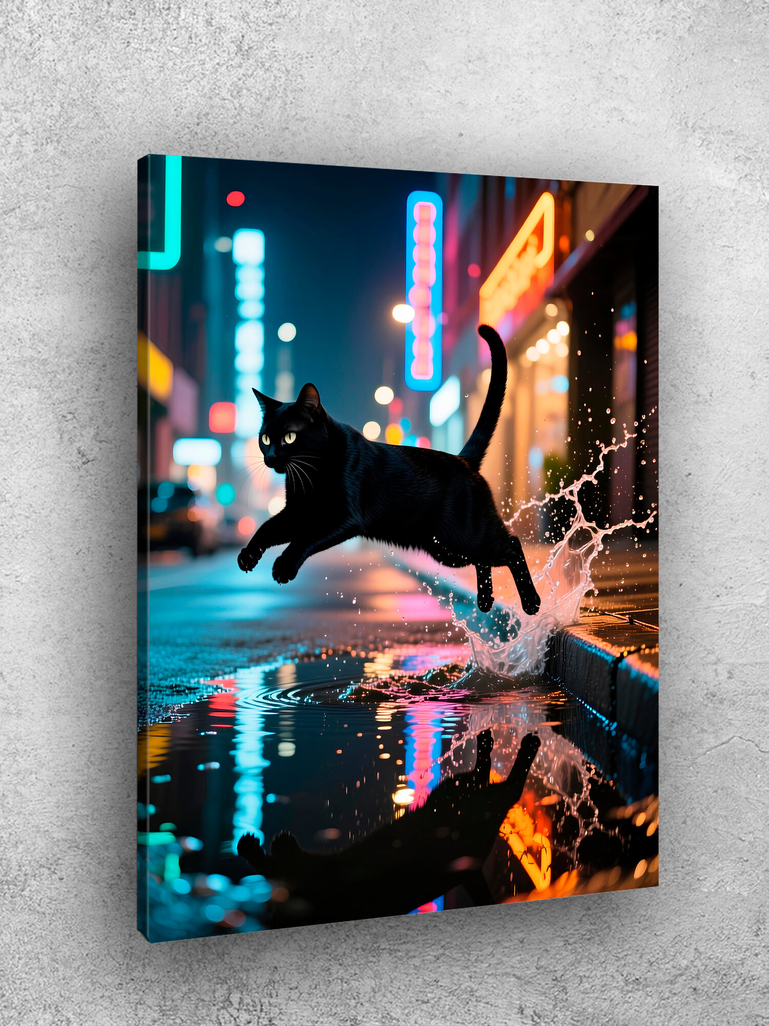 Картина интерьерная на стену ARTERY "Чёрный кот и городские огни", печать на холсте, постер на подрамнике, 40х50 см — фото 1
