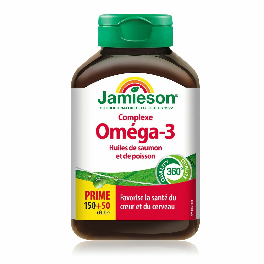 JAMIESON Omega-3 Рыбий жир 1000 мг — для сердца, мозга и суставов, 150+50 к KANADA