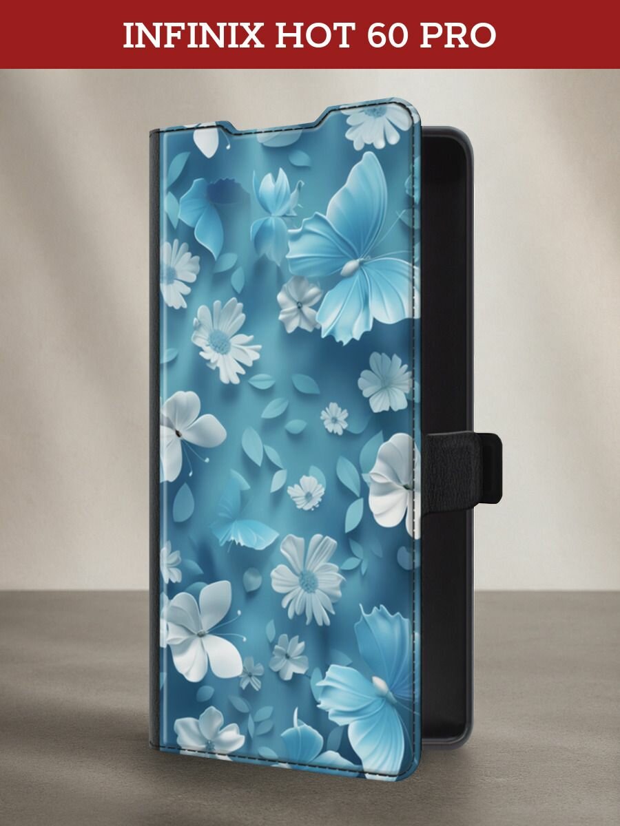 Чехол-книжка на Infinix Hot 60 Pro Plus / Инфиникс Хот 60 Про Плюс с рисунком Голубые глазурные цветы, черный