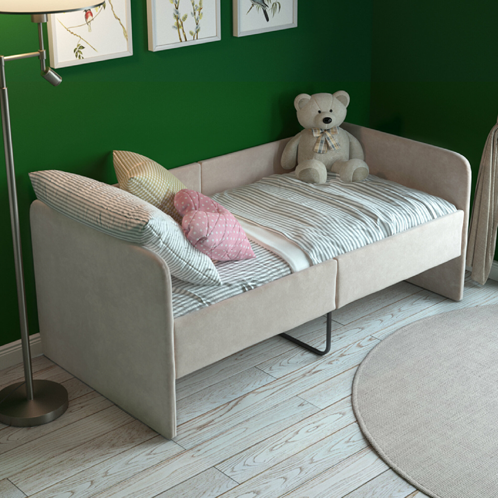 Детский диван кровать с бортиками Smile 140х70 см, цвет Бежевый, с мягким изголовьем для детей от 3 лет