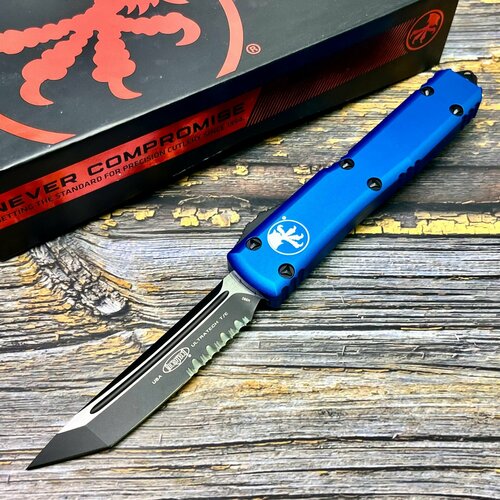 Нож складной MicroTech MCT1232BL Ultratech, M390 Tanto PartSerrated Black Blade, Blue Handle front handle guard