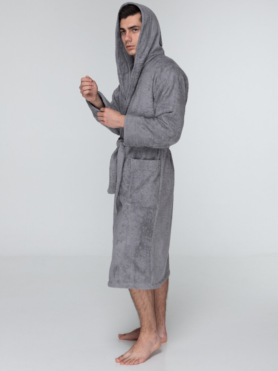 Мужской серый махровый халат с капюшоном 44 - фотография № 4