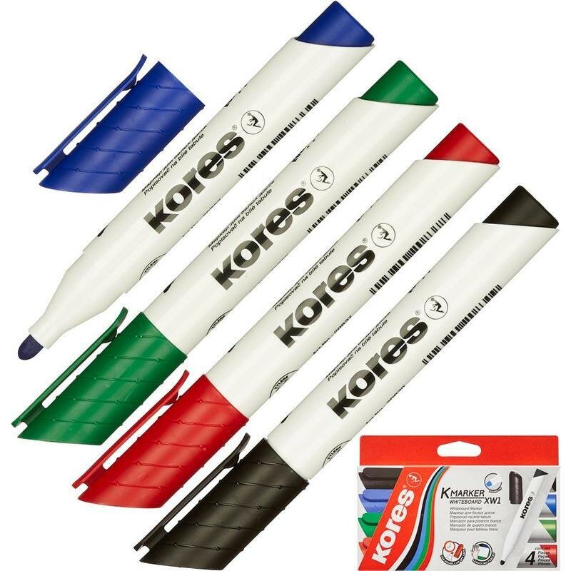 Набор маркеров для белых и магнитных досок Kores 4 цвета, стираемый на водной основе, скошенный наконечник толщина линии от 3 мм стирается сухим способом, текстовыделители для школы, флипчарта