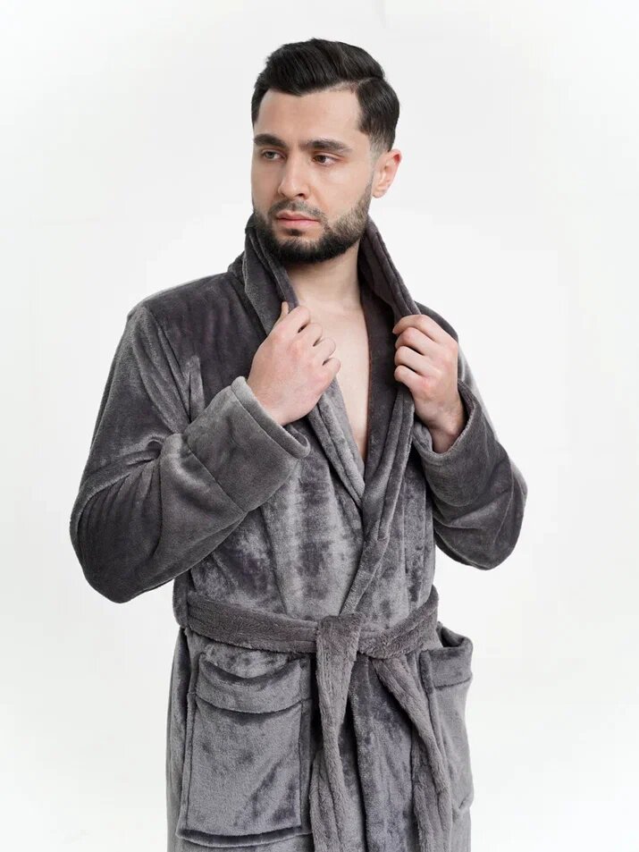 Халат серый с длинным рукавом и карманами - фотография № 2