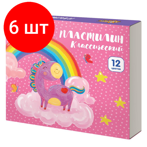 Комплект 6 наб, Пластилин №1 School Волшебный единорог 12 цв/наб, 15 г, со стеком