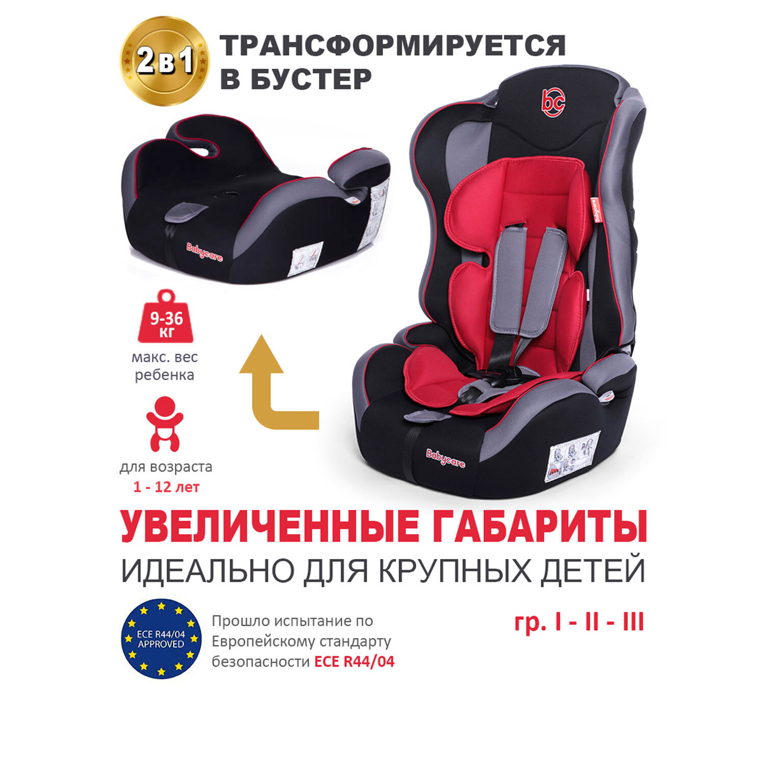Baby Care Детское автомобильное кресло Upiter Plus гр I/II/III, 9-36кг, (1-12лет) Черный/Красный (Black/Red)