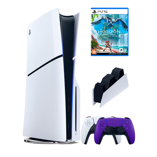 PS5 (ПС5) Игровая приставка Sony PlayStation 5 Slim disc + 2-й геймпад(фиолетовый) + зарядное + игра Horizon