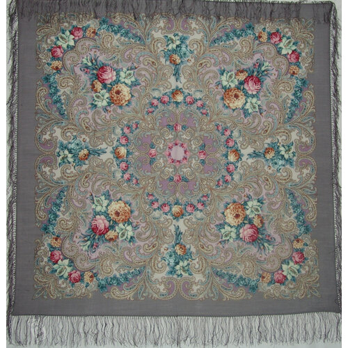 Платок Павловопосадская платочная мануфактура,125х125 см, фиолетовый, серый