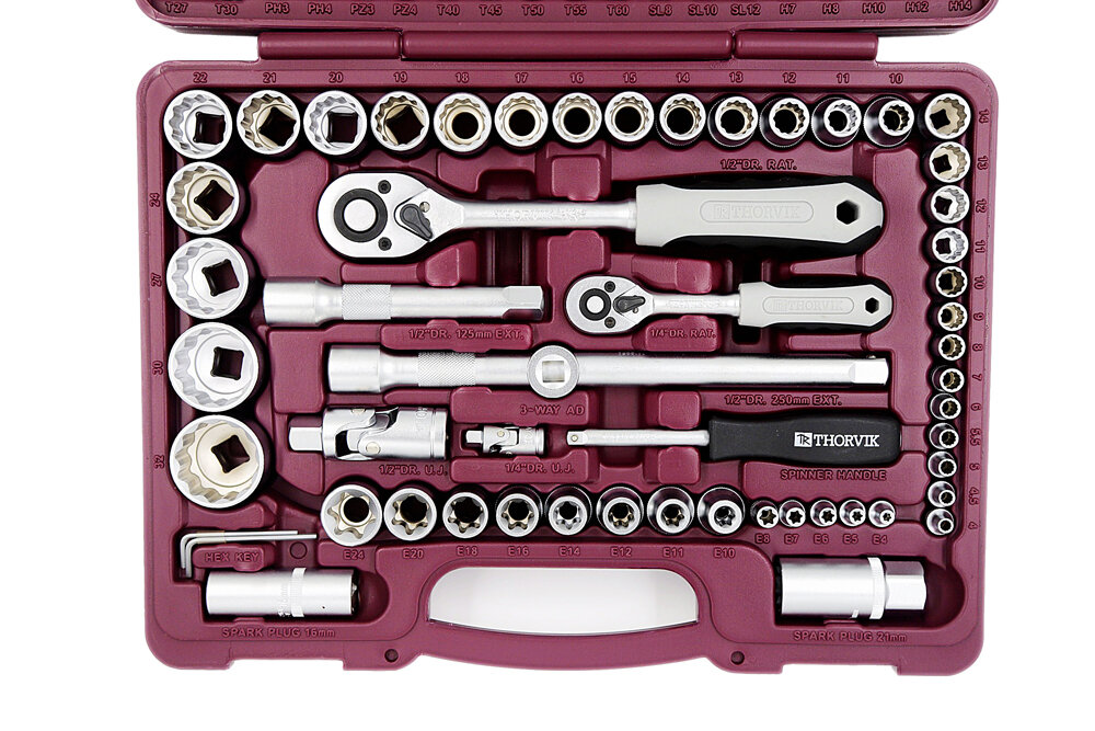 UTS0108/12 Набор инструмента универсальный 1/4", 1/2"DR с головками торцевыми 12-гранными, 108 предм Thorvik - фото №12