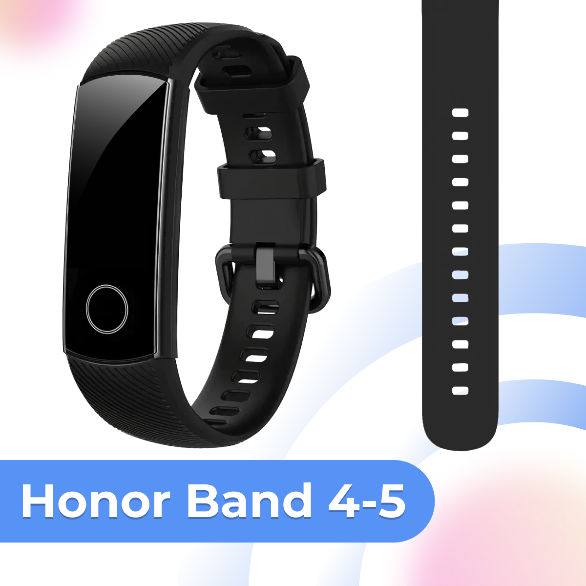 фото Силиконовый браслет для фитнес трекера Honor Band 4-5 с застежкой / Сменный спортивный ремешок на смарт часы Хонор Бэнд 4 и 5 / Черный