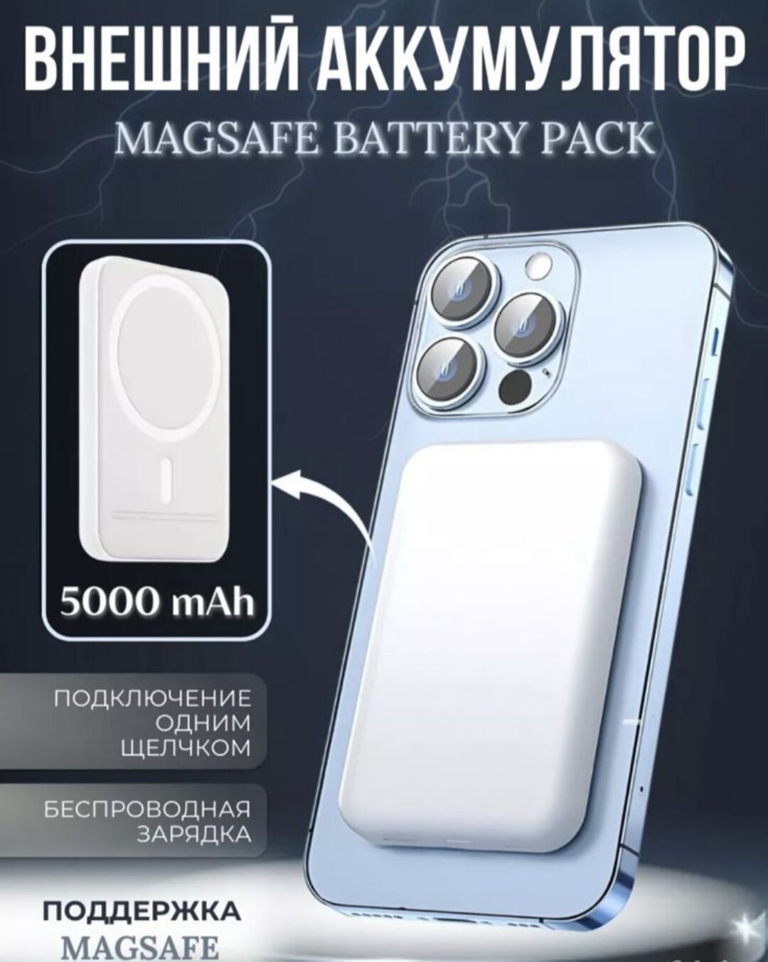 Внешний магнитный аккумулятор MagSafe Battery Pack на 5000 mAh с поддержкой быстрой зарядки для iPhone /Повербанк для Айфона /Беспроводная зарядка на 5000 mAh